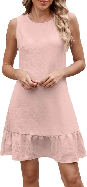 Summer Dresses for Women Sleeveless Crew Neck Sundresses Casual Beach Mini Dress Loose Fit Ruffle Hem Sun Dress