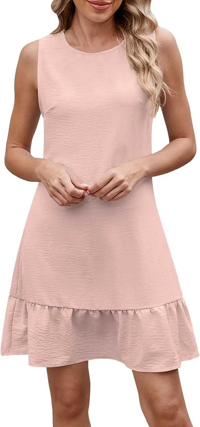 Summer Dresses for Women Sleeveless Crew Neck Sundresses Casual Beach Mini Dress Loose Fit Ruffle Hem Sun Dress
