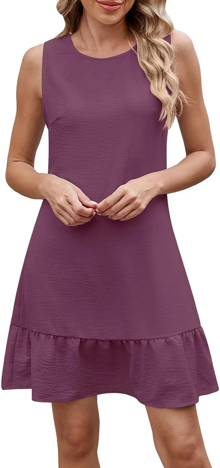 Summer Dresses for Women Sleeveless Crew Neck Sundresses Casual Beach Mini Dress Loose Fit Ruffle Hem Sun Dress