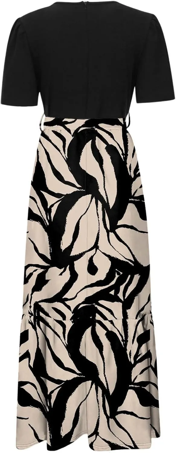Summer Dresses for Women Tie Belted Patchwork Ruffle Hem a Line Boho Maxi Dress Crewneck Short Sleeve Flowy Long Dress