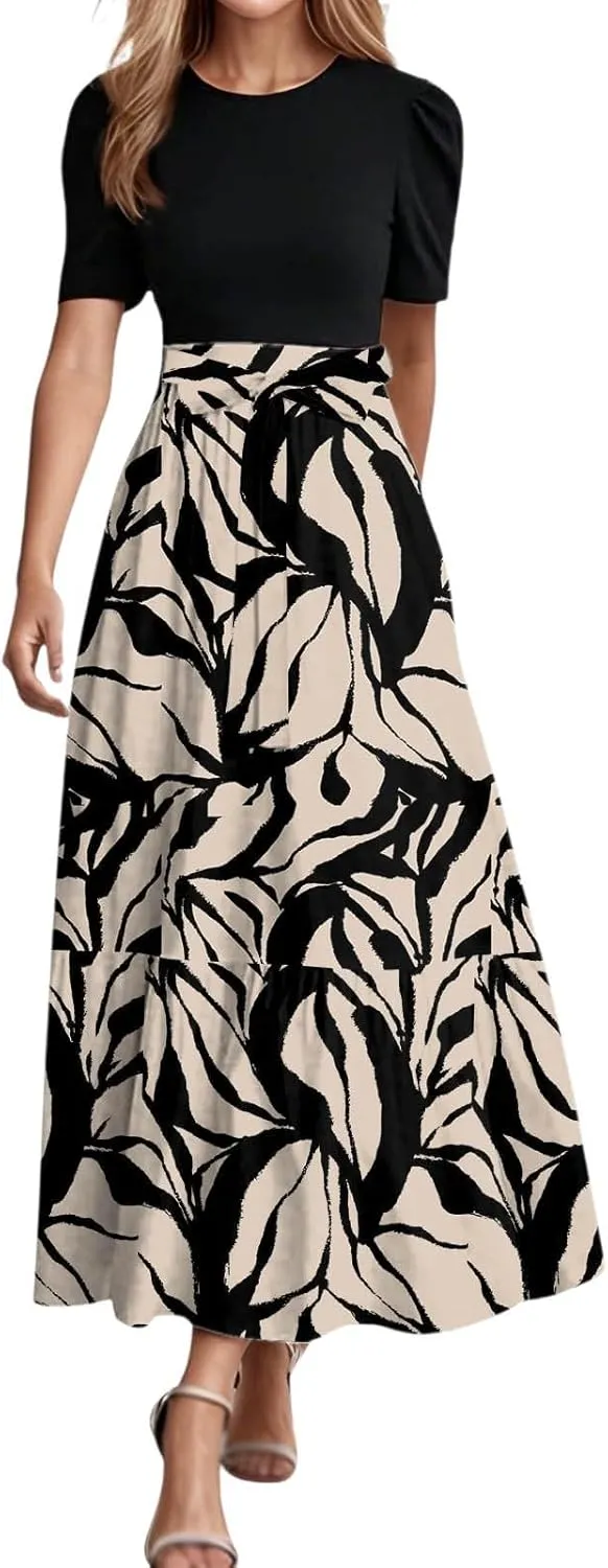 Summer Dresses for Women Tie Belted Patchwork Ruffle Hem a Line Boho Maxi Dress Crewneck Short Sleeve Flowy Long Dress