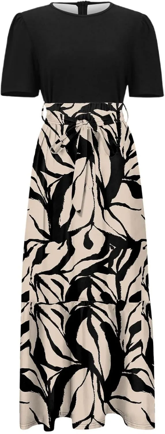 Summer Dresses for Women Tie Belted Patchwork Ruffle Hem a Line Boho Maxi Dress Crewneck Short Sleeve Flowy Long Dress