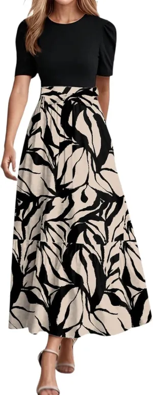 Summer Dresses for Women Tie Belted Patchwork Ruffle Hem a Line Boho Maxi Dress Crewneck Short Sleeve Flowy Long Dress