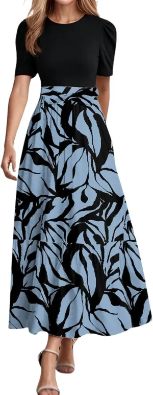 Summer Dresses for Women Tie Belted Patchwork Ruffle Hem A Line Boho Maxi Dress Short Sleeve Crewneck Flowy Long Dress