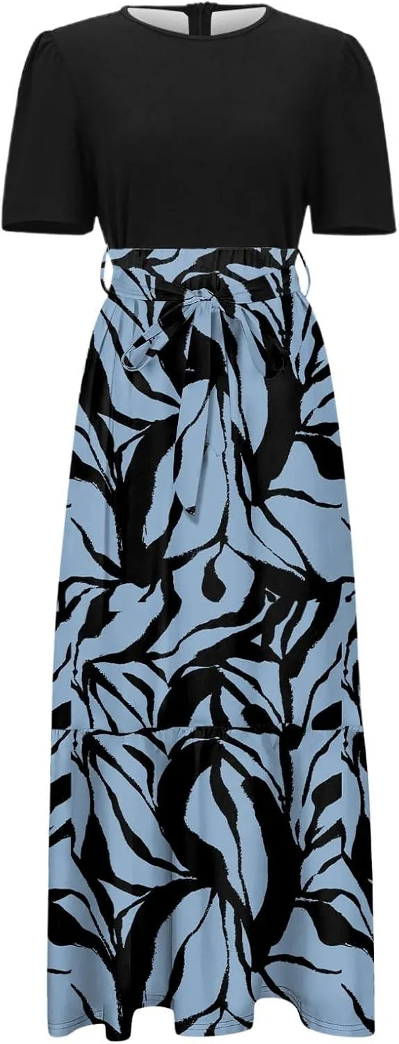Summer Dresses for Women Tie Belted Patchwork Ruffle Hem A Line Boho Maxi Dress Short Sleeve Crewneck Flowy Long Dress