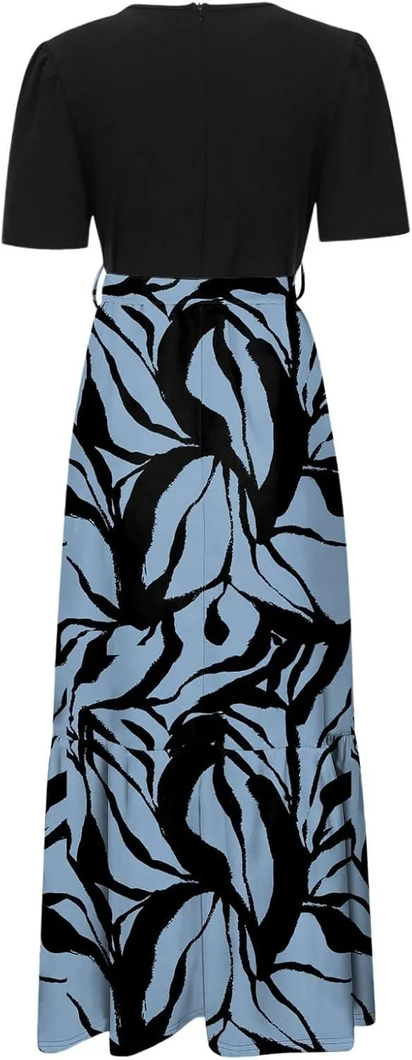 Summer Dresses for Women Tie Belted Patchwork Ruffle Hem A Line Boho Maxi Dress Short Sleeve Crewneck Flowy Long Dress