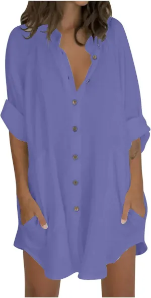 Summer Dresses for Women V Neck Oversized Button Up Cotton Shirt Dresses Ruffle Short Sleeve Shift Beach Dress
