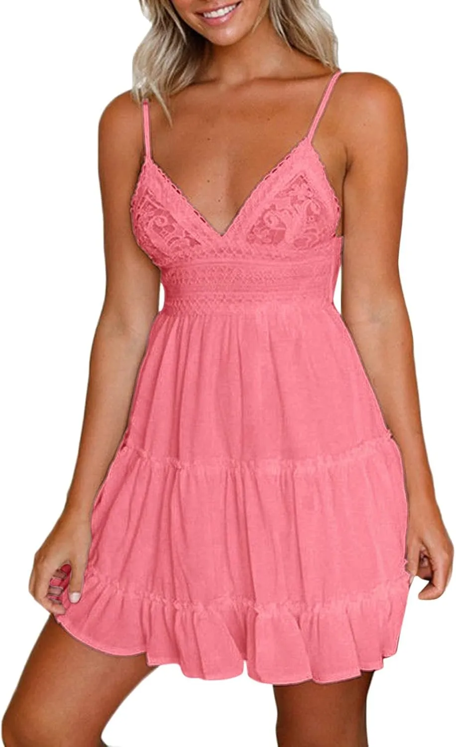 Summer Dresses for Women V Neck Spaghetti Strap Crisscross Backless Dress Flowy Swing A-Line Mini Sundresses