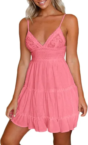 Summer Dresses for Women V Neck Spaghetti Strap Crisscross Backless Dress Flowy Swing A-Line Mini Sundresses