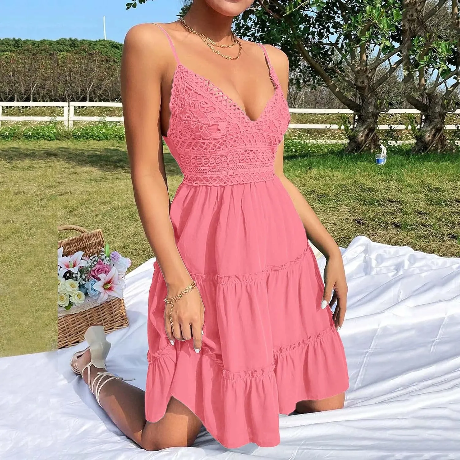 Summer Dresses for Women V Neck Spaghetti Strap Crisscross Backless Dress Flowy Swing A-Line Mini Sundresses