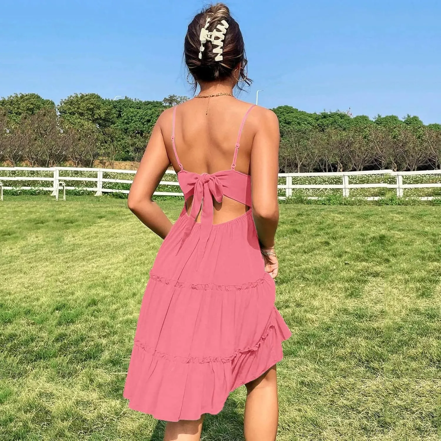 Summer Dresses for Women V Neck Spaghetti Strap Crisscross Backless Dress Flowy Swing A-Line Mini Sundresses