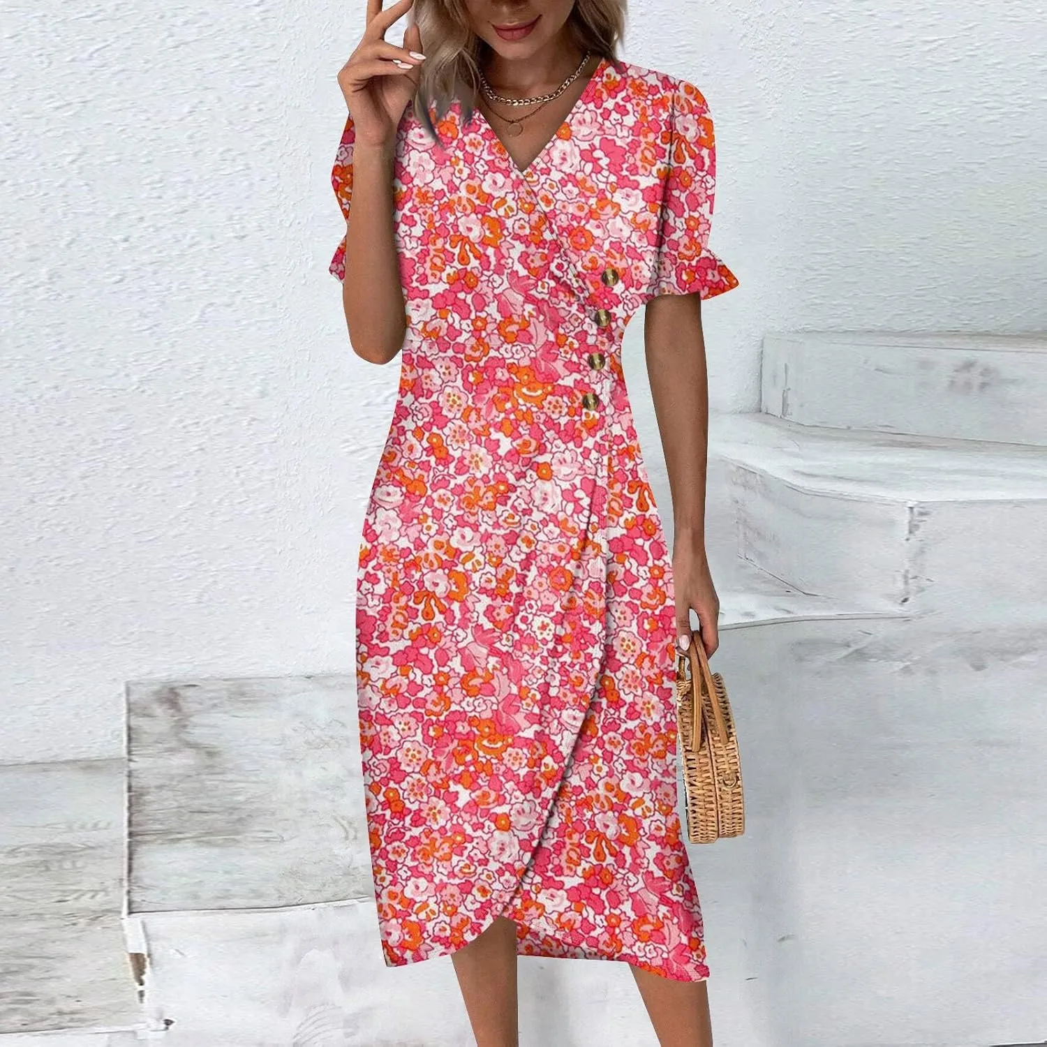 Summer Dresses for Women V Neck Wrap Midi Dress Casual Puff Sleeve Side Button Up Floral Beach Vacation Dresses