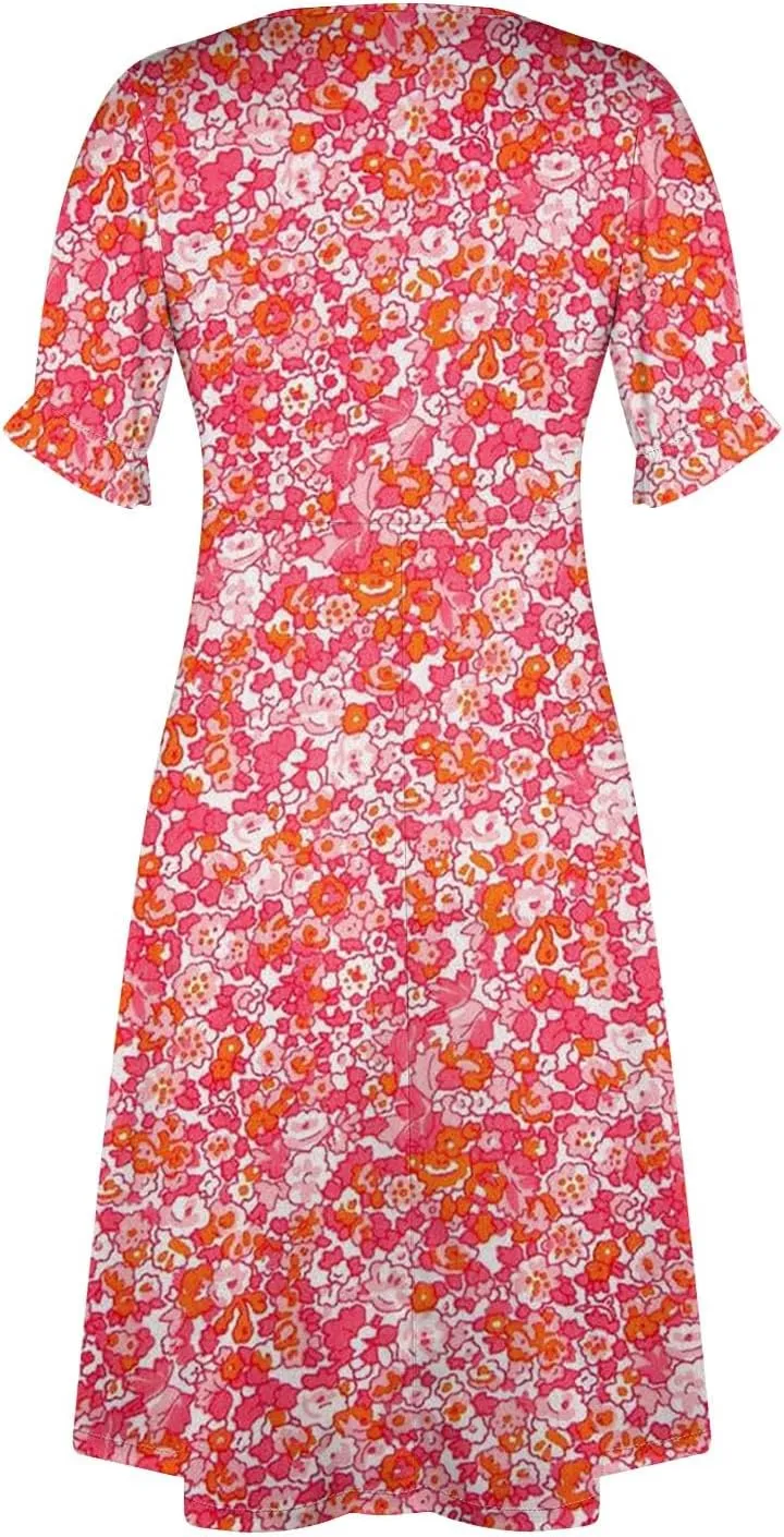 Summer Dresses for Women V Neck Wrap Midi Dress Casual Puff Sleeve Side Button Up Floral Beach Vacation Dresses