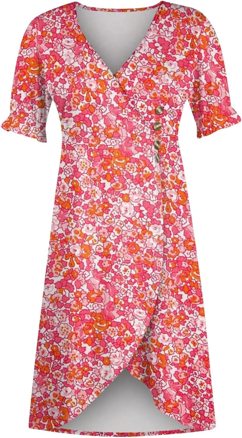 Summer Dresses for Women V Neck Wrap Midi Dress Casual Puff Sleeve Side Button Up Floral Beach Vacation Dresses