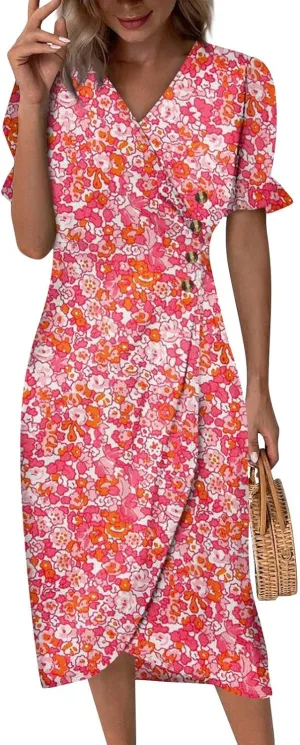 Summer Dresses for Women V Neck Wrap Midi Dress Casual Puff Sleeve Side Button Up Floral Beach Vacation Dresses
