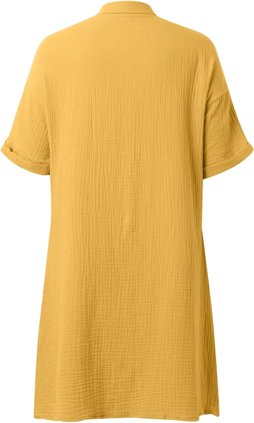 Summer Linen Dresses for Women Casual Lapel Button Down Short Sleeve Shirt Dress Boho Vacation Midi Dresses with Pockets