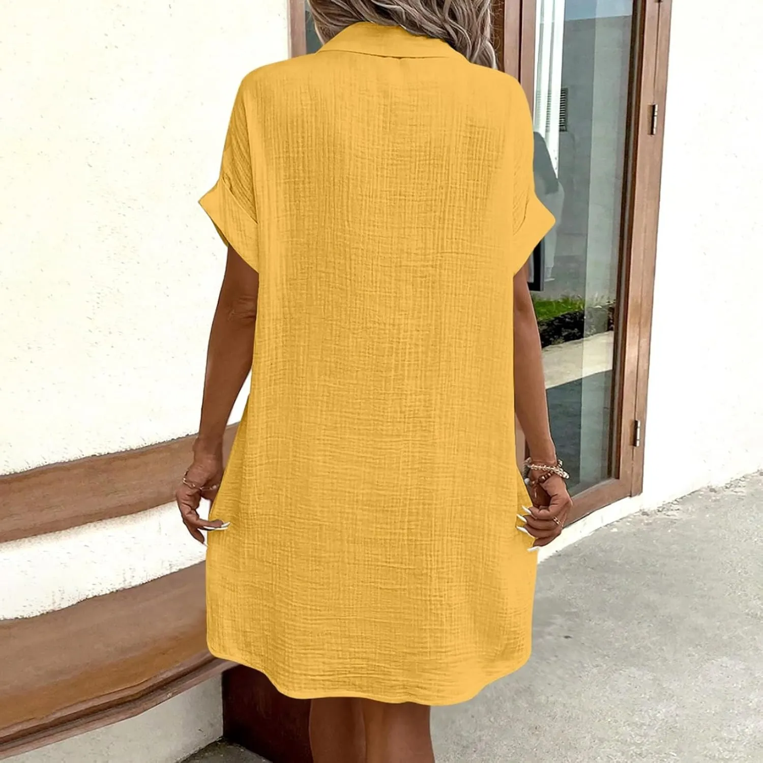 Summer Linen Dresses for Women Casual Lapel Button Down Short Sleeve Shirt Dress Boho Vacation Midi Dresses with Pockets