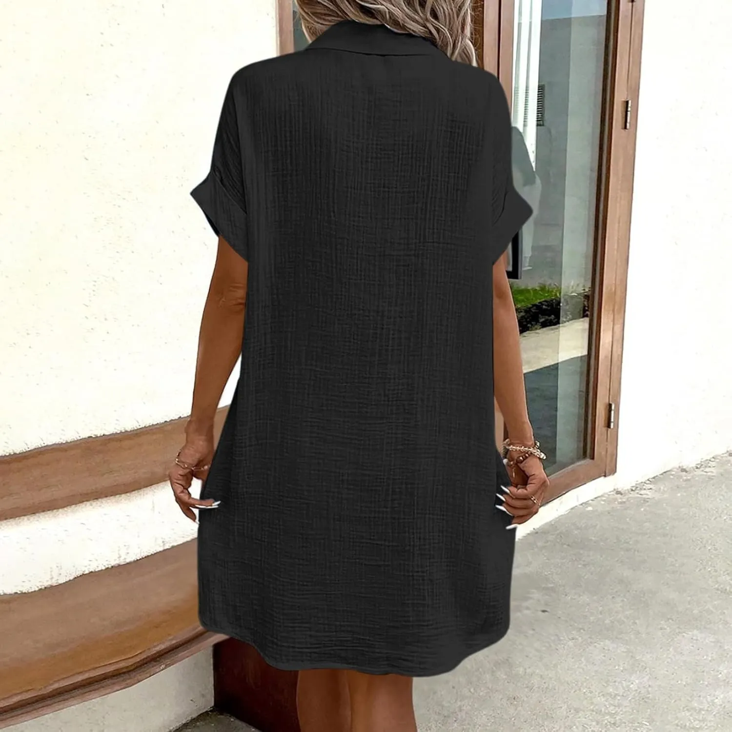 Summer Linen Dresses for Women Casual Lapel Button Down Short Sleeve Shirt Dress Boho Vacation Midi Dresses with Pockets