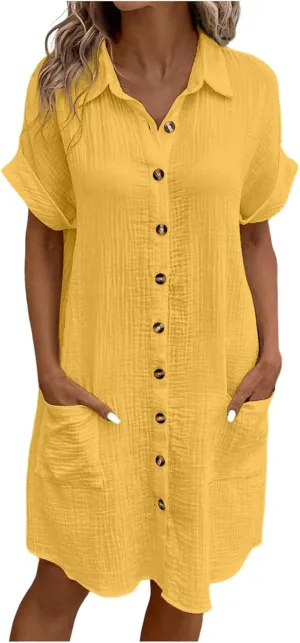 Summer Linen Dresses for Women Casual Lapel Button Down Short Sleeve Shirt Dress Boho Vacation Midi Dresses with Pockets