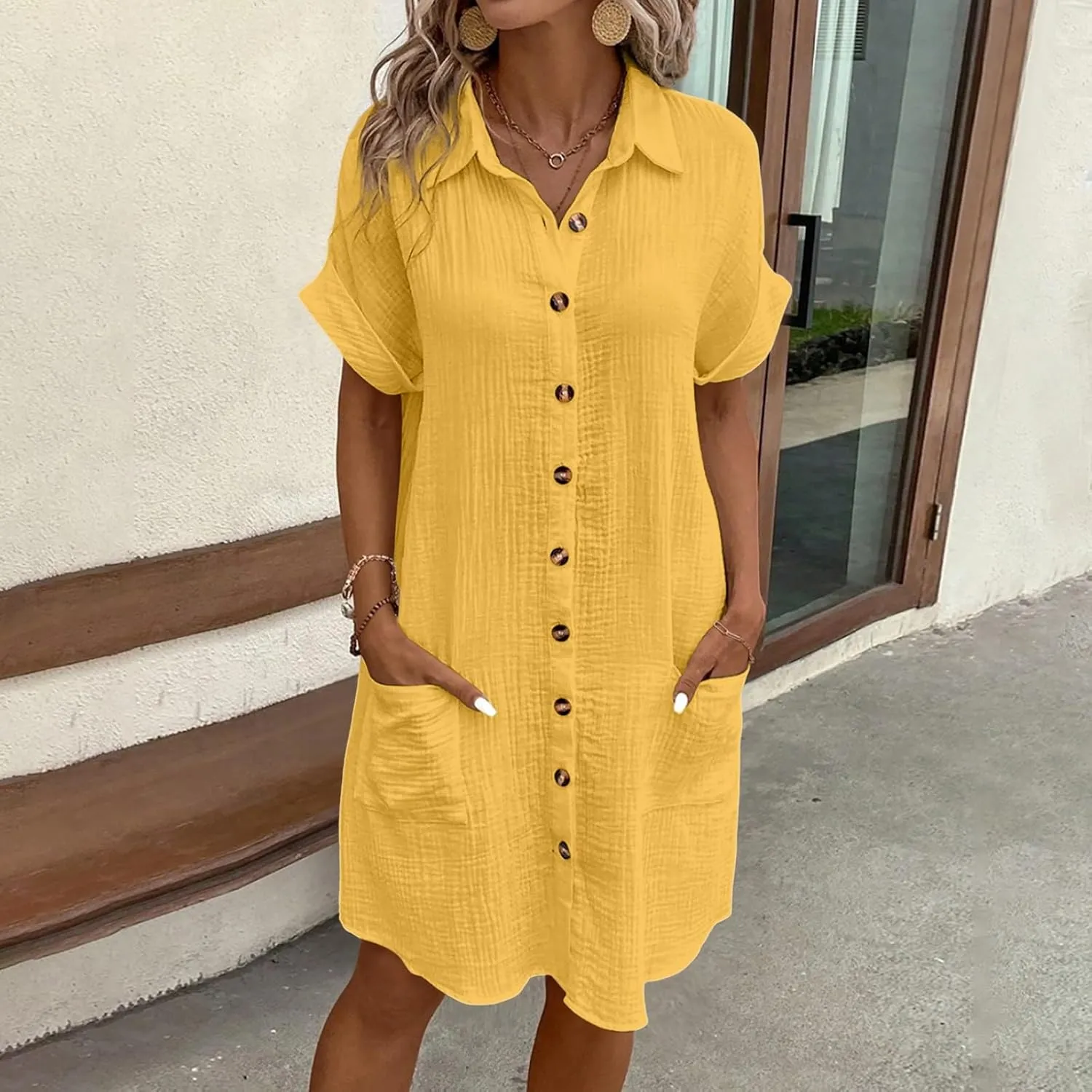 Summer Linen Dresses for Women Casual Lapel Button Down Short Sleeve Shirt Dress Boho Vacation Midi Dresses with Pockets