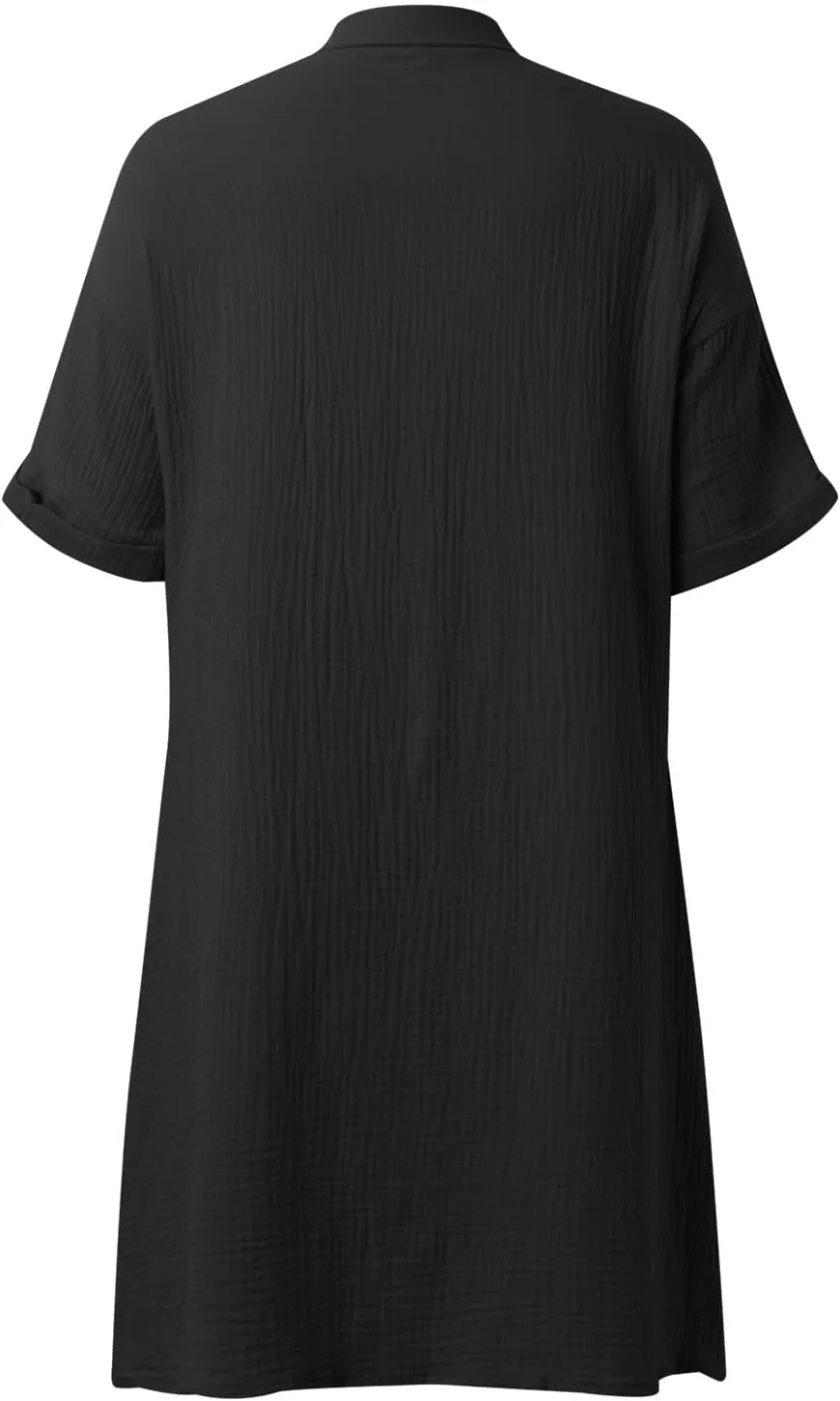 Summer Linen Dresses for Women Casual Lapel Button Down Short Sleeve Shirt Dress Boho Vacation Midi Dresses with Pockets