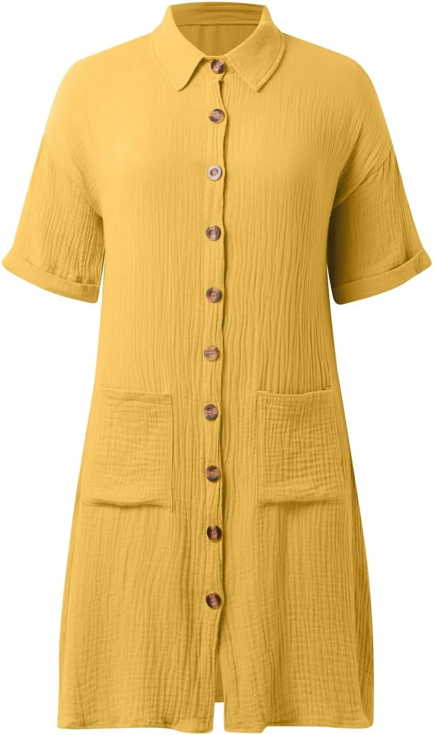 Summer Linen Dresses for Women Casual Lapel Button Down Short Sleeve Shirt Dress Boho Vacation Midi Dresses with Pockets