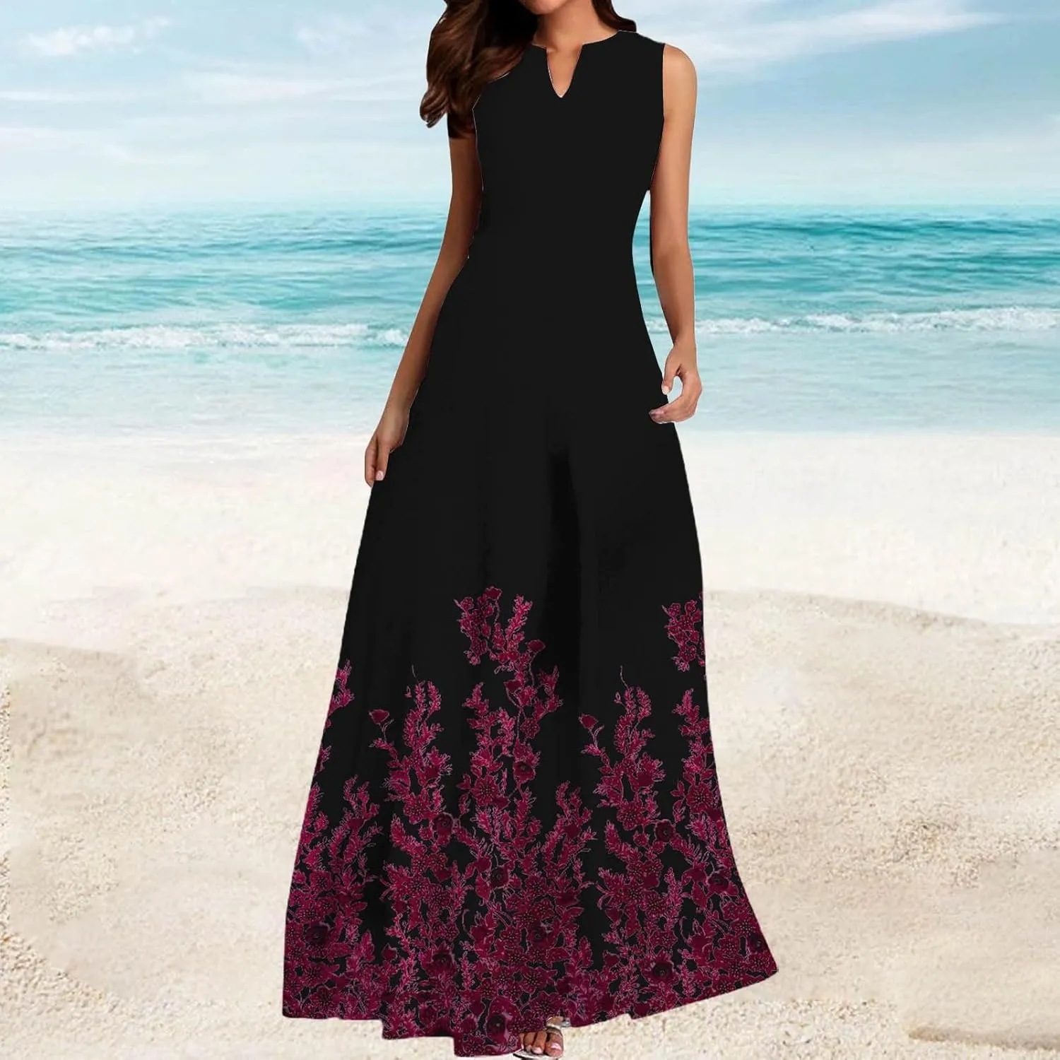Summer Maxi Dress for Women 2025 Casual V Neck Floral Print Sundress Sleeveless Vacation Beach Flowy Dresses