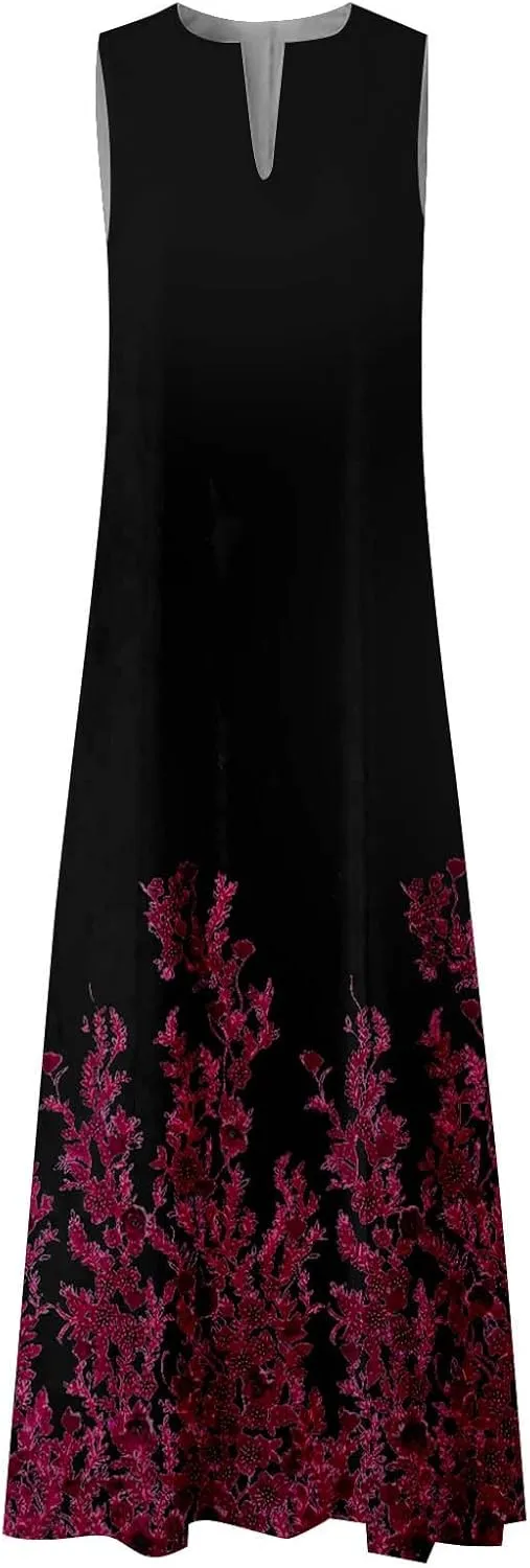 Summer Maxi Dress for Women 2025 Casual V Neck Floral Print Sundress Sleeveless Vacation Beach Flowy Dresses