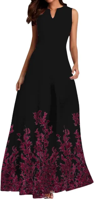 Summer Maxi Dress for Women 2025 Casual V Neck Floral Print Sundress Sleeveless Vacation Beach Flowy Dresses