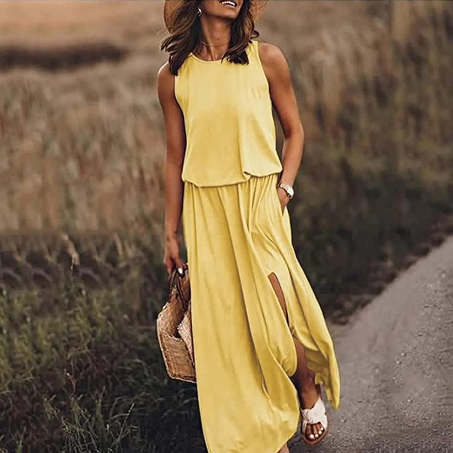 Summer Maxi Dresses for Women 2025 Tiered Sleeveless High Waist Slit Flowy Long Dress Casual Beach Sundress