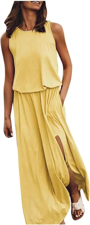 Summer Maxi Dresses for Women 2025 Tiered Sleeveless High Waist Slit Flowy Long Dress Casual Beach Sundress