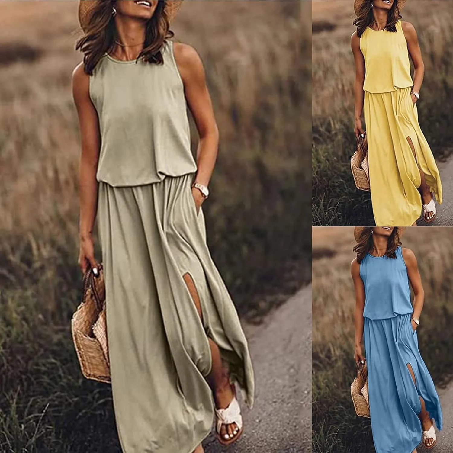 Summer Maxi Dresses for Women 2025 Tiered Sleeveless High Waist Slit Flowy Long Dress Casual Beach Sundress