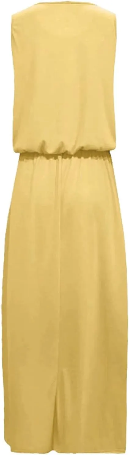 Summer Maxi Dresses for Women 2025 Tiered Sleeveless High Waist Slit Flowy Long Dress Casual Beach Sundress