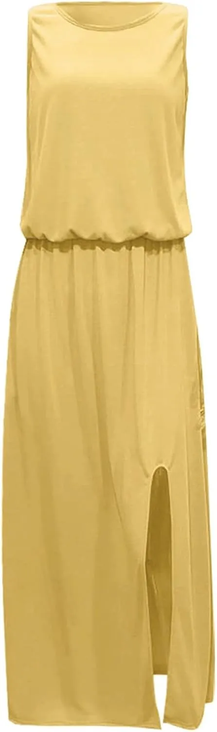 Summer Maxi Dresses for Women 2025 Tiered Sleeveless High Waist Slit Flowy Long Dress Casual Beach Sundress