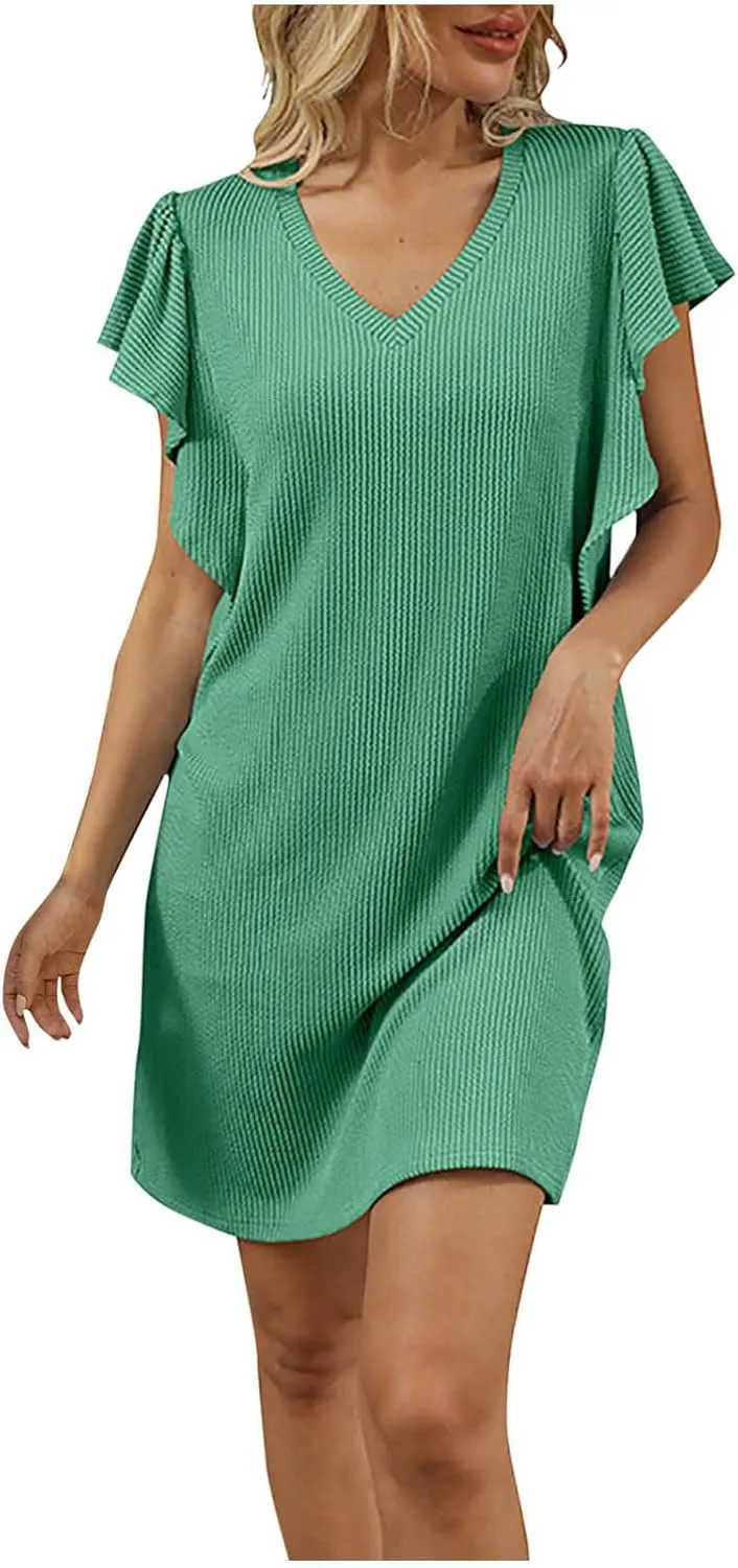 Summer Mini Dresses for Women Ruffle Cap Sleeve V Neck Striped Printed Above Knee Length Casual Loose Shift Dress