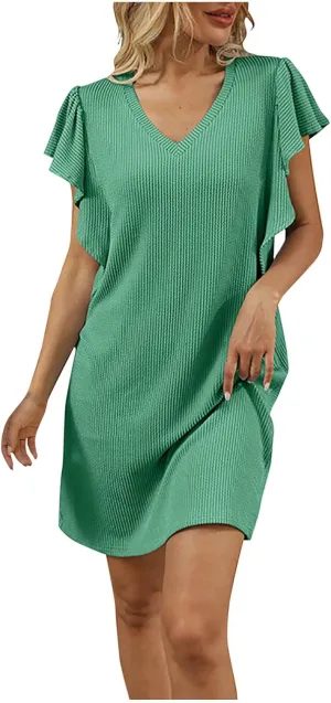 Summer Mini Dresses for Women Ruffle Cap Sleeve V Neck Striped Printed Above Knee Length Casual Loose Shift Dress
