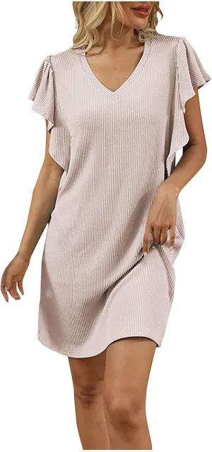 Summer Mini Dresses for Women Ruffle Cap Sleeve V Neck Striped Printed Above Knee Length Casual Loose Shift Dress
