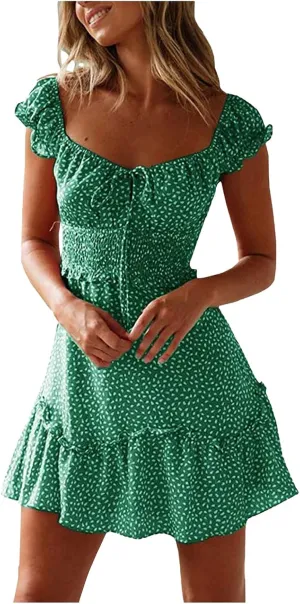 Summer Ruffle Sleeve Sweetheart Neckline Mini Dress, Ruffled Hem Printing Casual Dress Beach Vacation Short Sundress