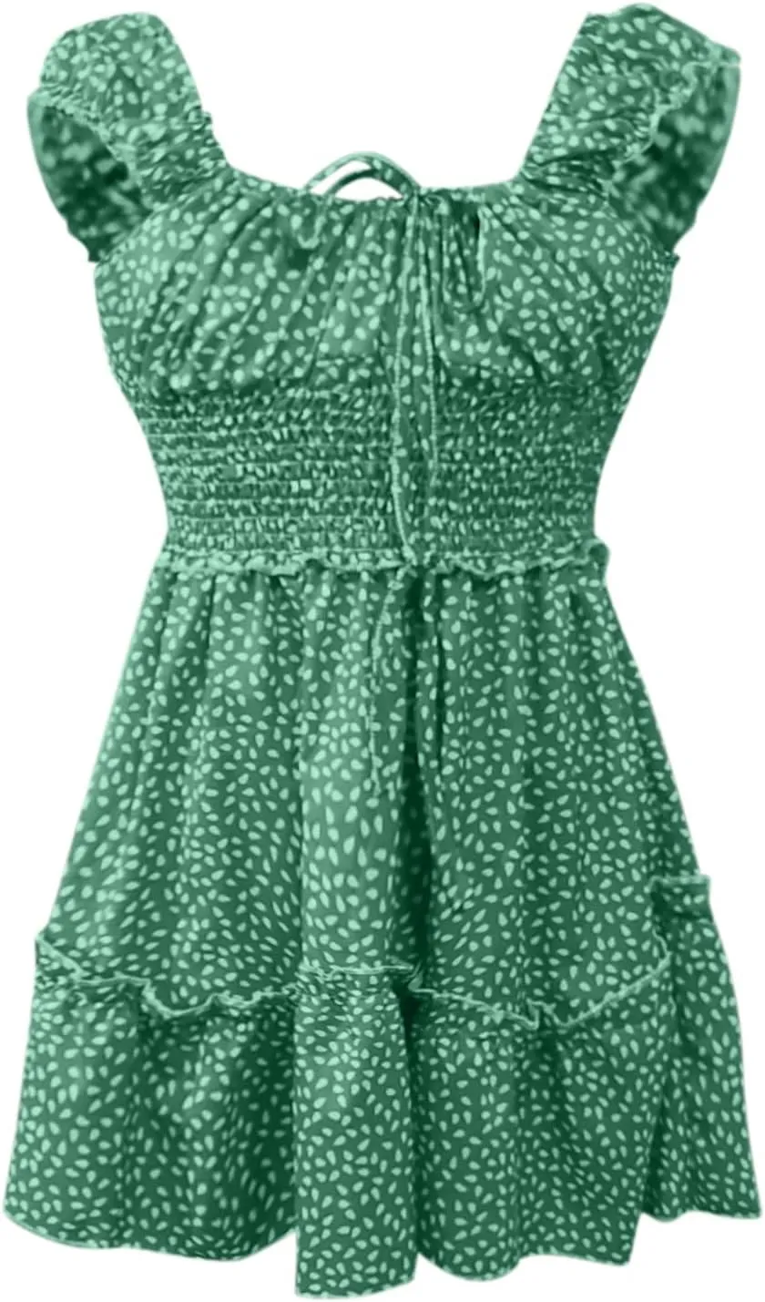 Summer Ruffle Sleeve Sweetheart Neckline Mini Dress, Ruffled Hem Printing Casual Dress Beach Vacation Short Sundress