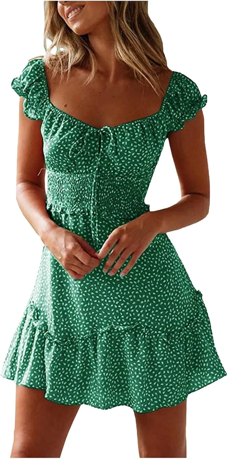 Summer Ruffle Sleeve Sweetheart Neckline Mini Dress, Ruffled Hem Printing Casual Dress Beach Vacation Short Sundress