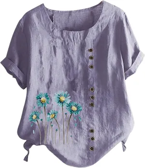 Summer Shirts for Women 2023 Fashion Cotton Linen Blouse Vintage Floral Print Solid Button Down Tops Casual Work Tees
