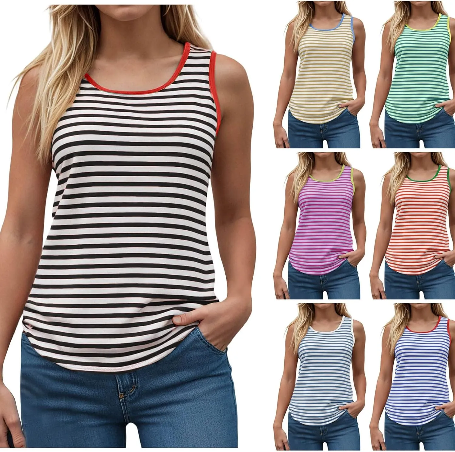 Summer Tank Tops for Women 2025 Striped Tank Top Sleeveless Scoop Neck Loose Fit Color Block Tops Fashion Clothes