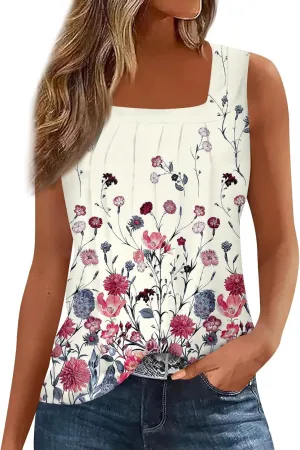 Summer Tank Tops for Women Sleeveless Pleated Square Neck Loose Fit Tunic Blouses Shirts Fashion Tee 2025