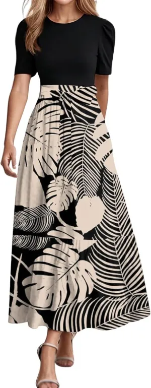 Summer Tie Belted Dresses for Women 2025 Short Sleeve Crewneck Flowy Patchwork Ruffle Hem A Line Boho Dress