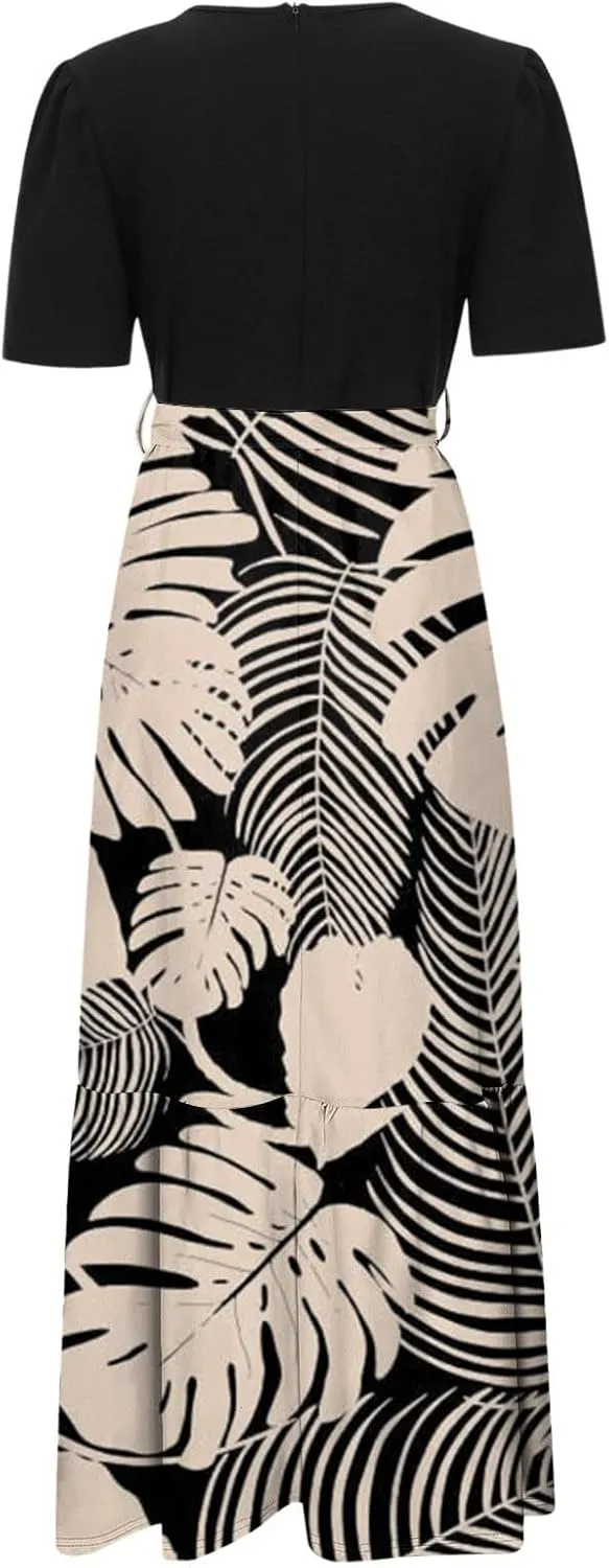 Summer Tie Belted Dresses for Women 2025 Short Sleeve Crewneck Flowy Patchwork Ruffle Hem A Line Boho Dress