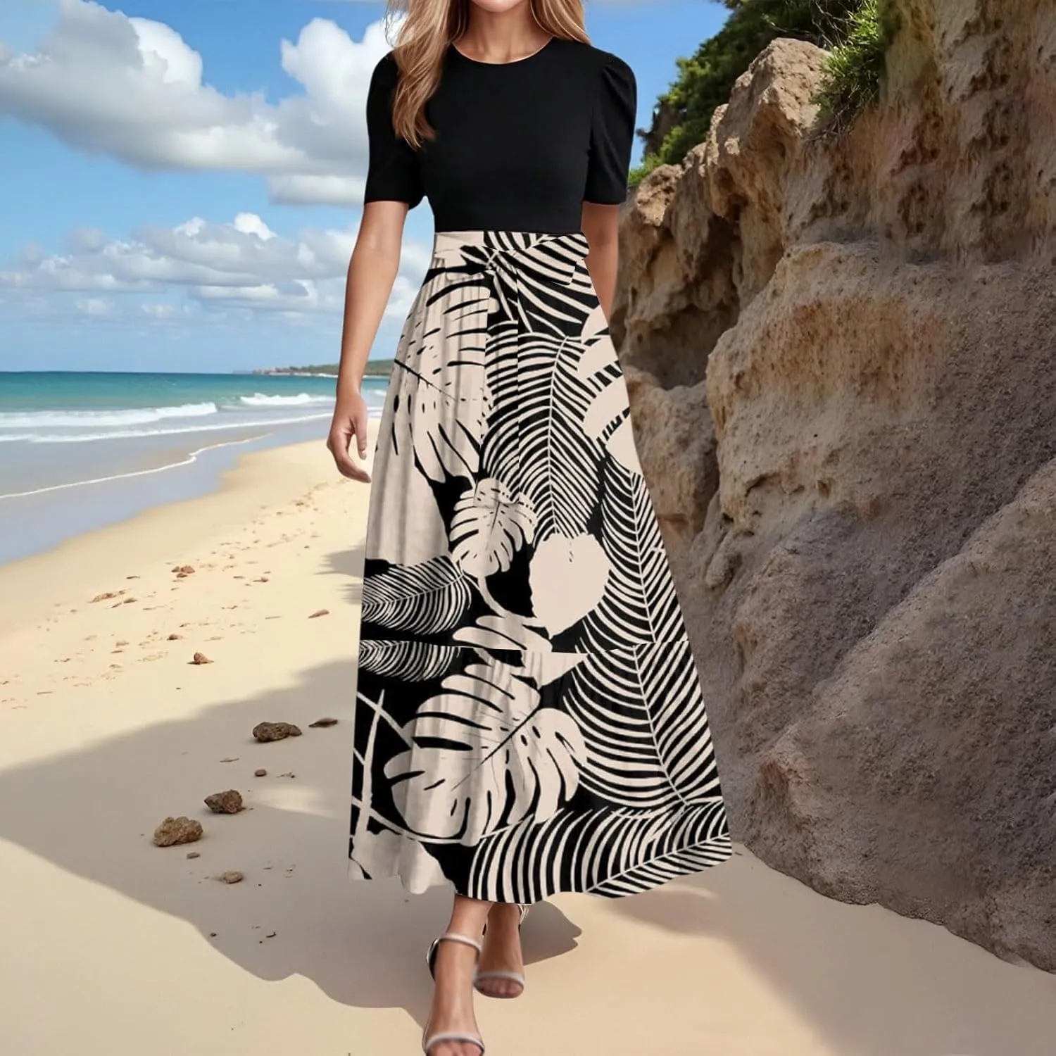 Summer Tie Belted Dresses for Women 2025 Short Sleeve Crewneck Flowy Patchwork Ruffle Hem A Line Boho Dress