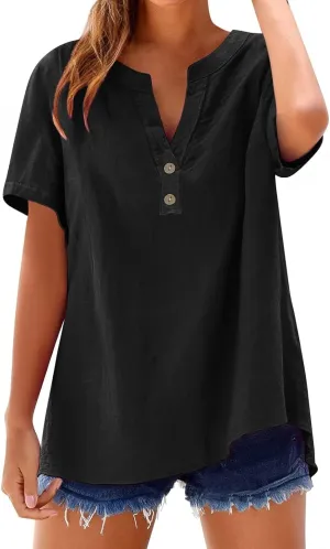 Summer Top for Women 2025 Casual Cotton Linen Short Sleeve T Shirts Plus Size Baggy Solid Color Vneck Button Down Tee
