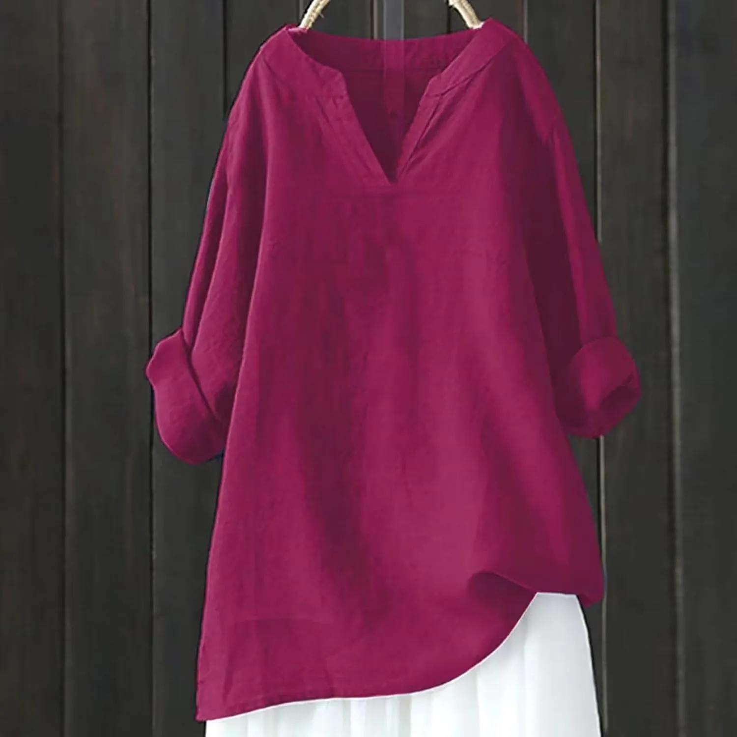 Summer Tops for Women 2024 Cotton Linen Loose Fit V Neck Blouse Tops Casual Comfy Long Sleeve Clothes