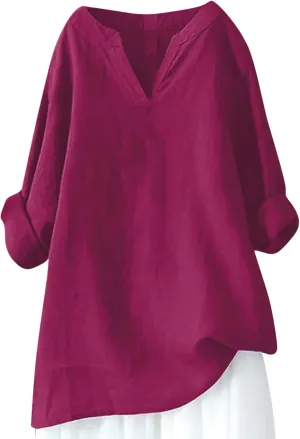 Summer Tops for Women 2024 Cotton Linen Loose Fit V Neck Blouse Tops Casual Comfy Long Sleeve Clothes