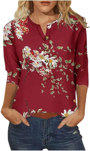 Summer Tops for Women 2025 Trendy Casual 3/4 Sleeve Floral Print Tees V-Neck Button Blouses Ladies Spring Clothing